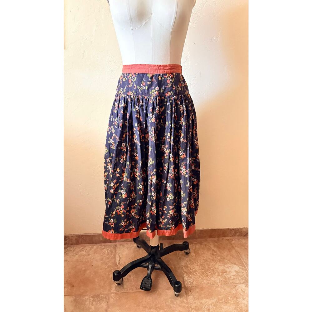 Vintage 70s 80s Floral Prairie Midi Skirt Black Coral Boho Cottagecore S - Picture 4 of 7